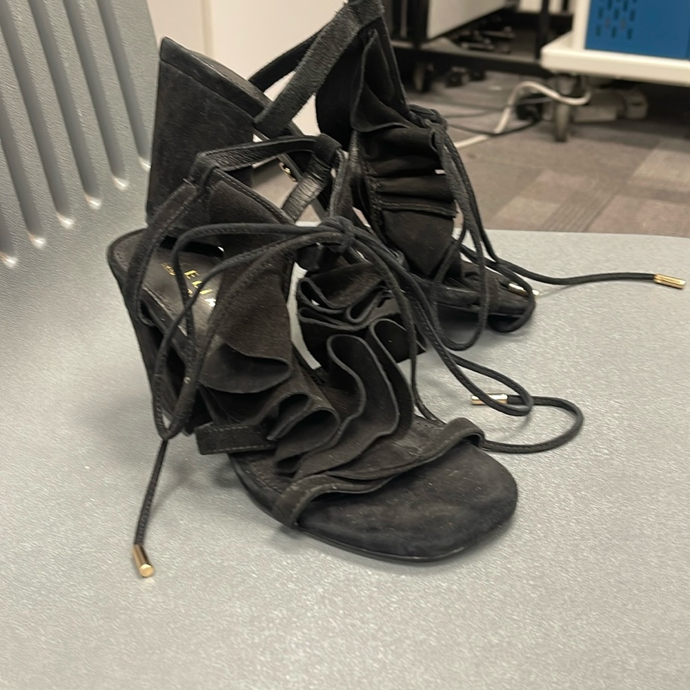 Cecelia New York Black Ruffle front suede wrap ankle heel!